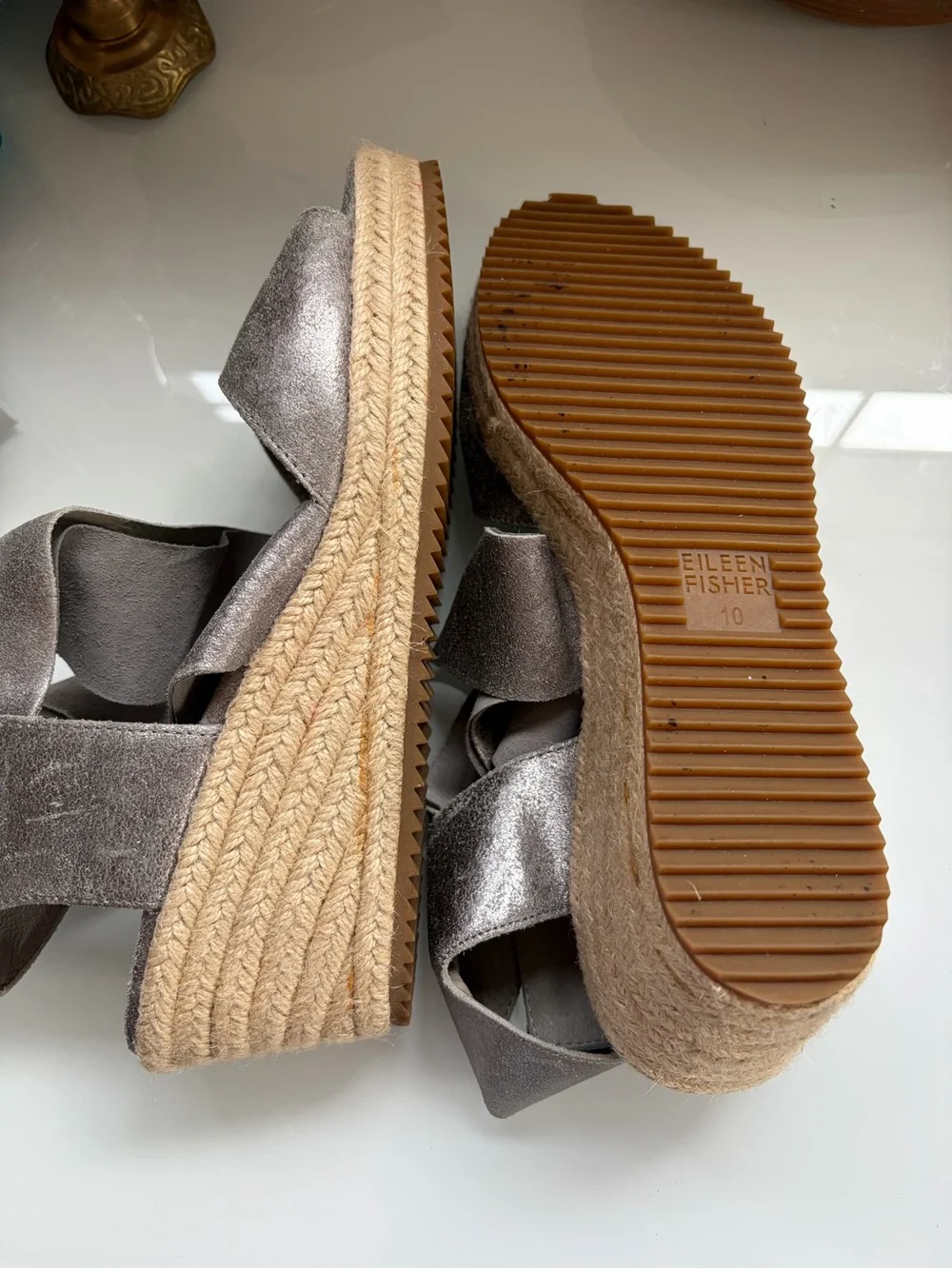 Eileen Fisher Willow Metallic Gray Suede Crisscross Espadrille Wedge NWOT